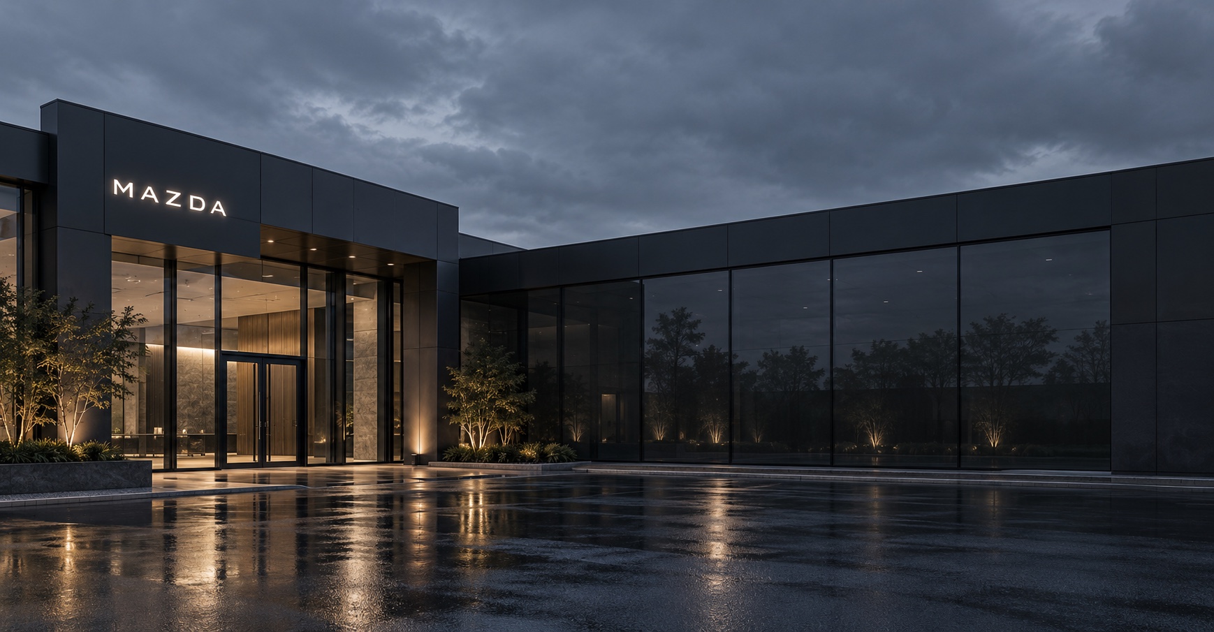 Rendering of a modern Mazda dealership exterior at dusk