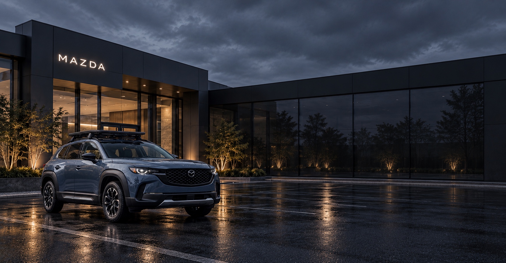 Concept image of a Mazda CX-50 outside a dealership at dusk