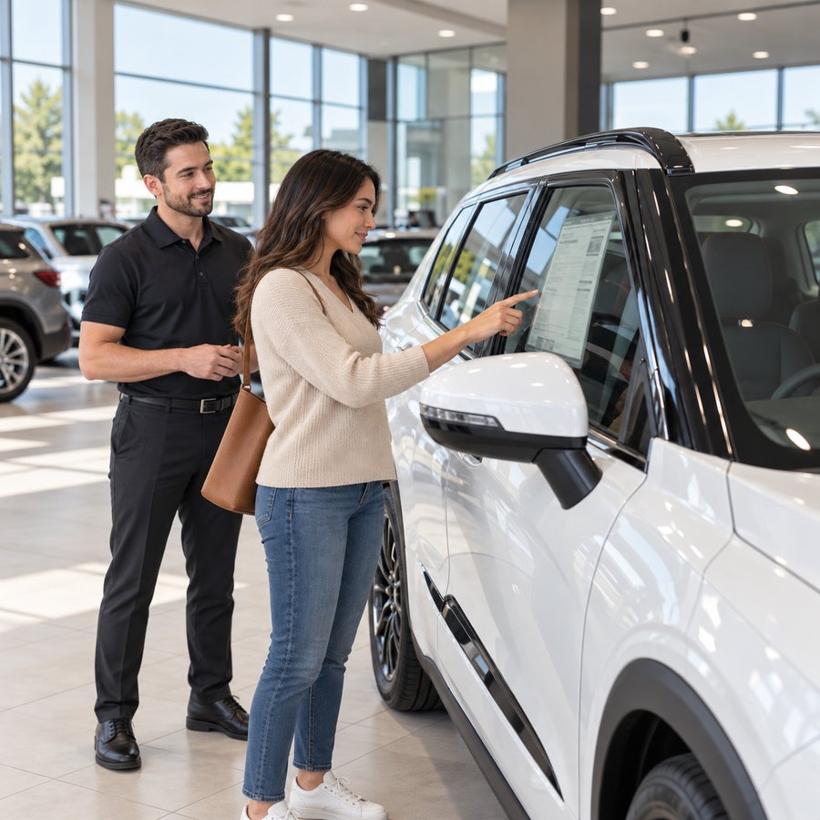 Customer inspecting a vehicle window label in a showroom
