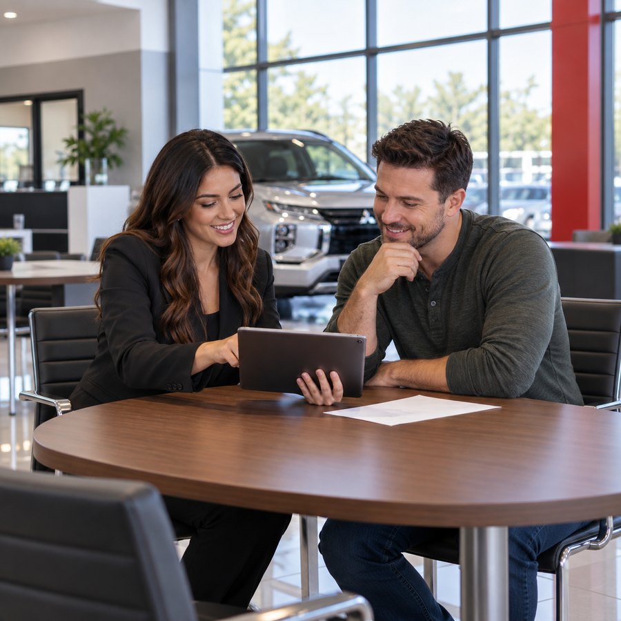 Finance specialist and customer reviewing options on a tablet
