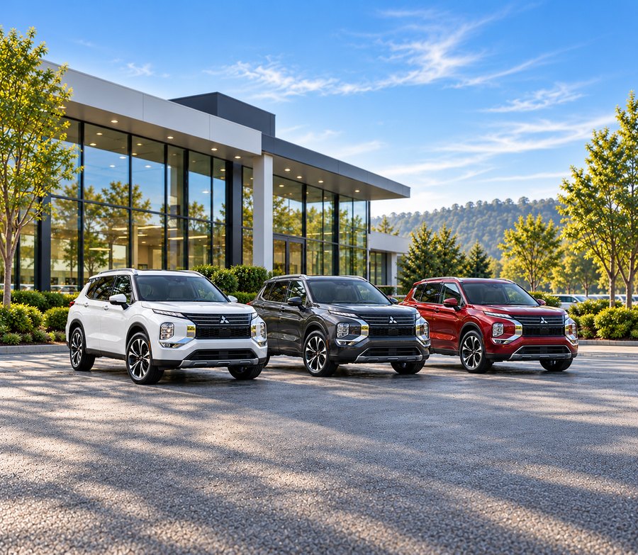 Three Mitsubishi-style SUVs outside a showroom