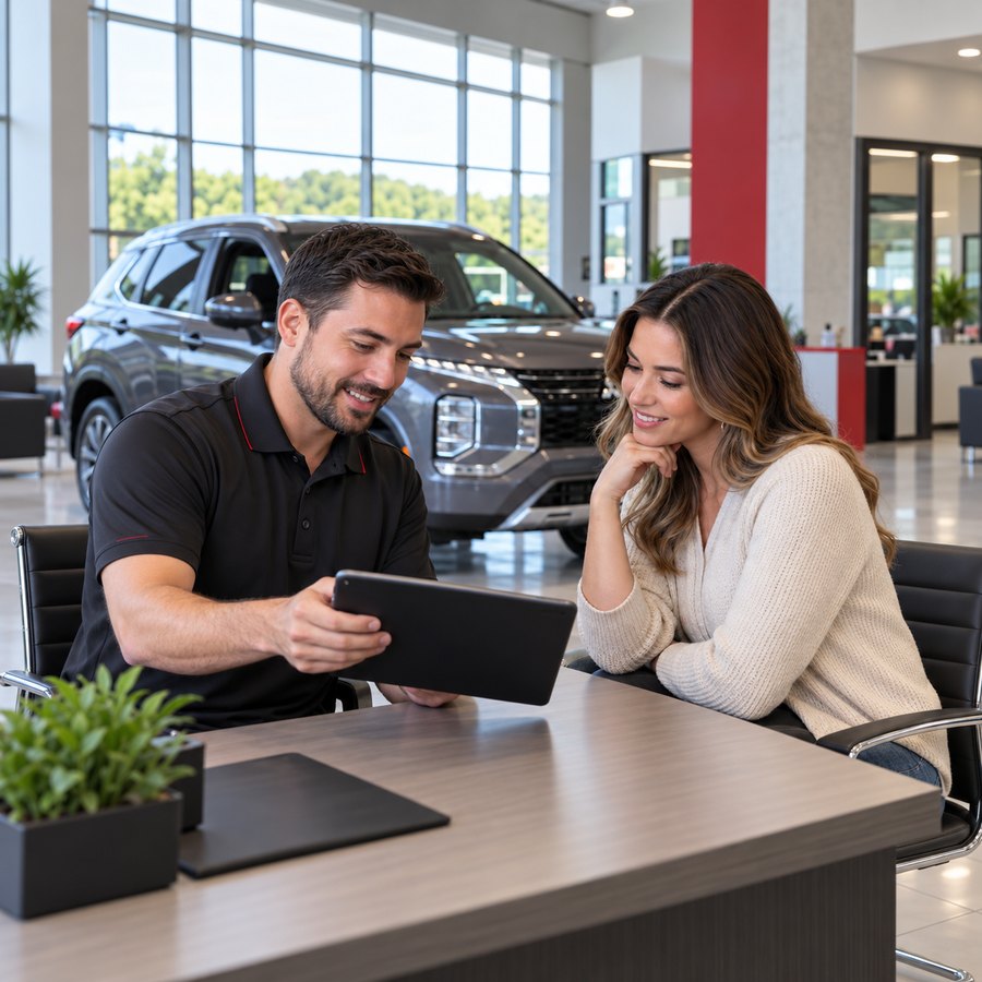 Customer and advisor reviewing vehicle pricing on a tablet