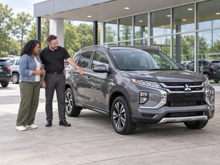 Customer and advisor evaluating a trade-in SUV