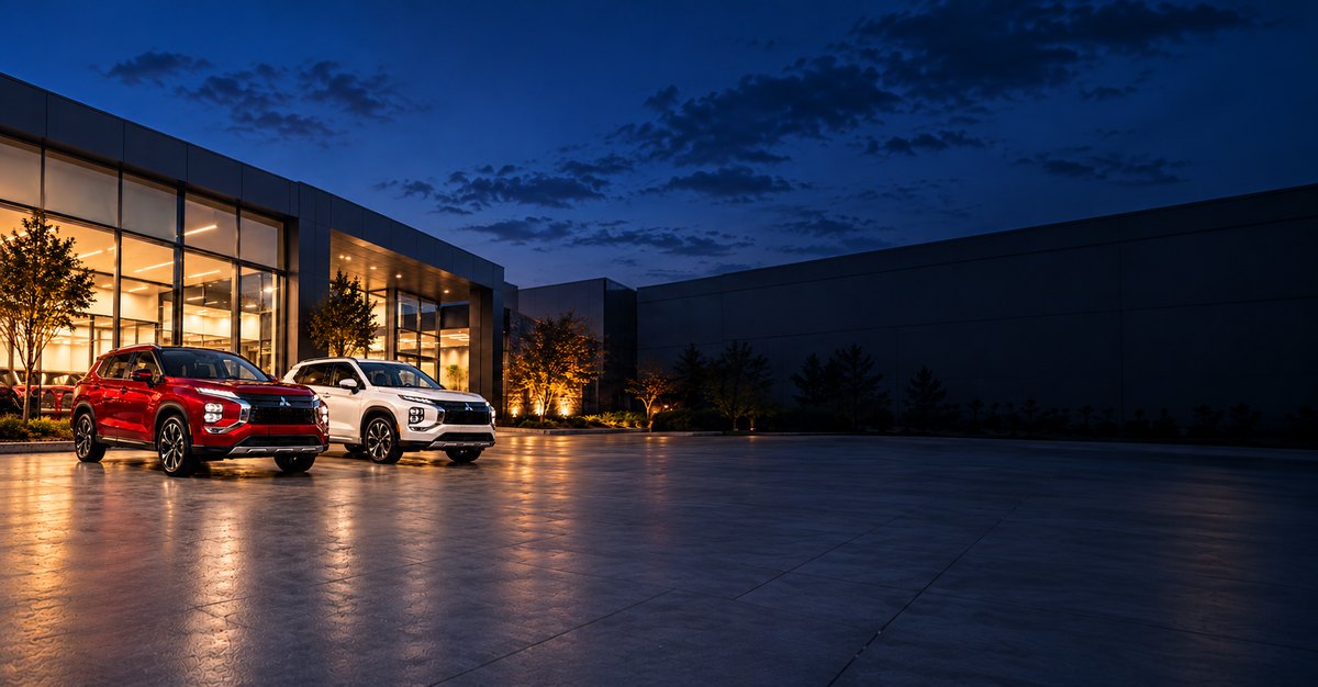 Two Mitsubishi-style SUVs outside a dealership at dusk
