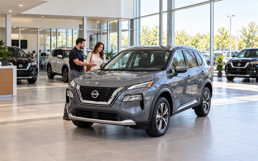 Graphite-gray Nissan SUV with customer and advisor in a showroom