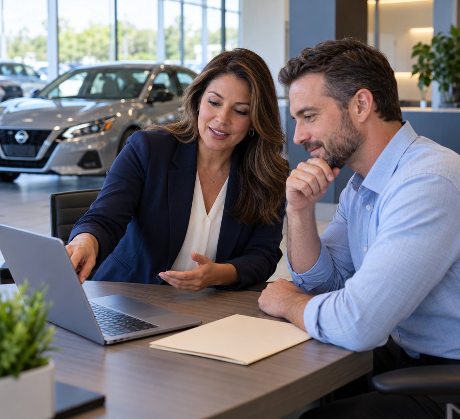 Nissan finance specialist reviewing options with a customer