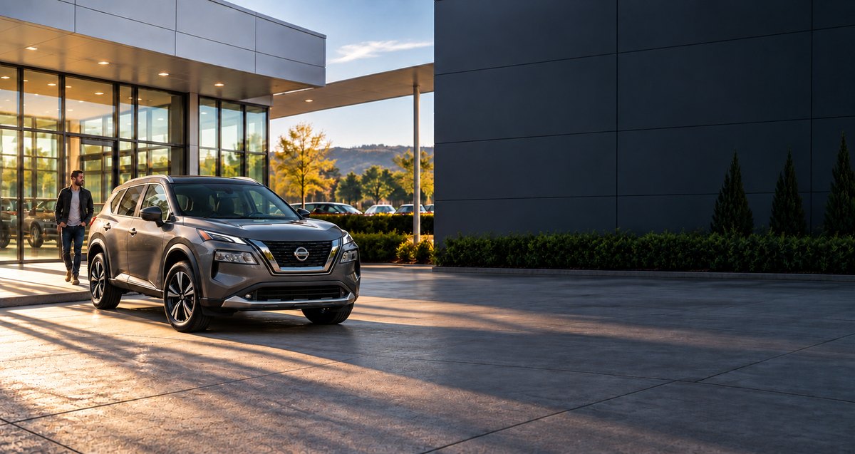 Graphite-gray Nissan SUV outside a modern dealership showroom