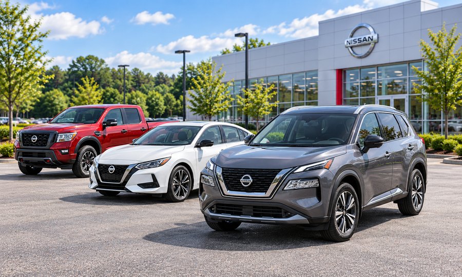 Nissan sedan, SUV, and pickup on the dealership lot