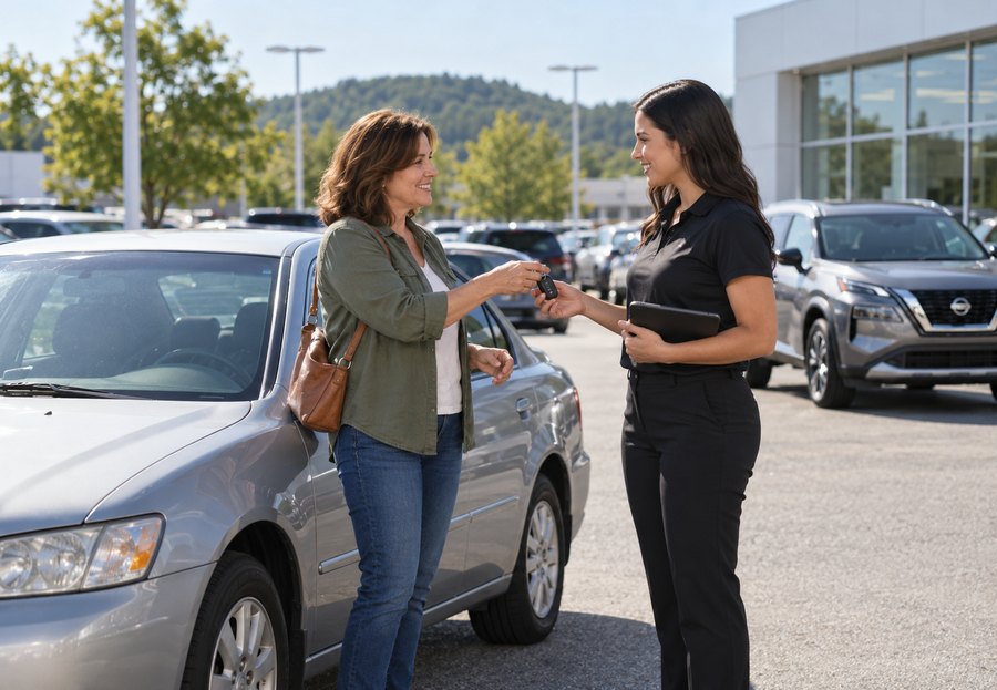 Customer handing trade-in keys to a vehicle appraisal specialist