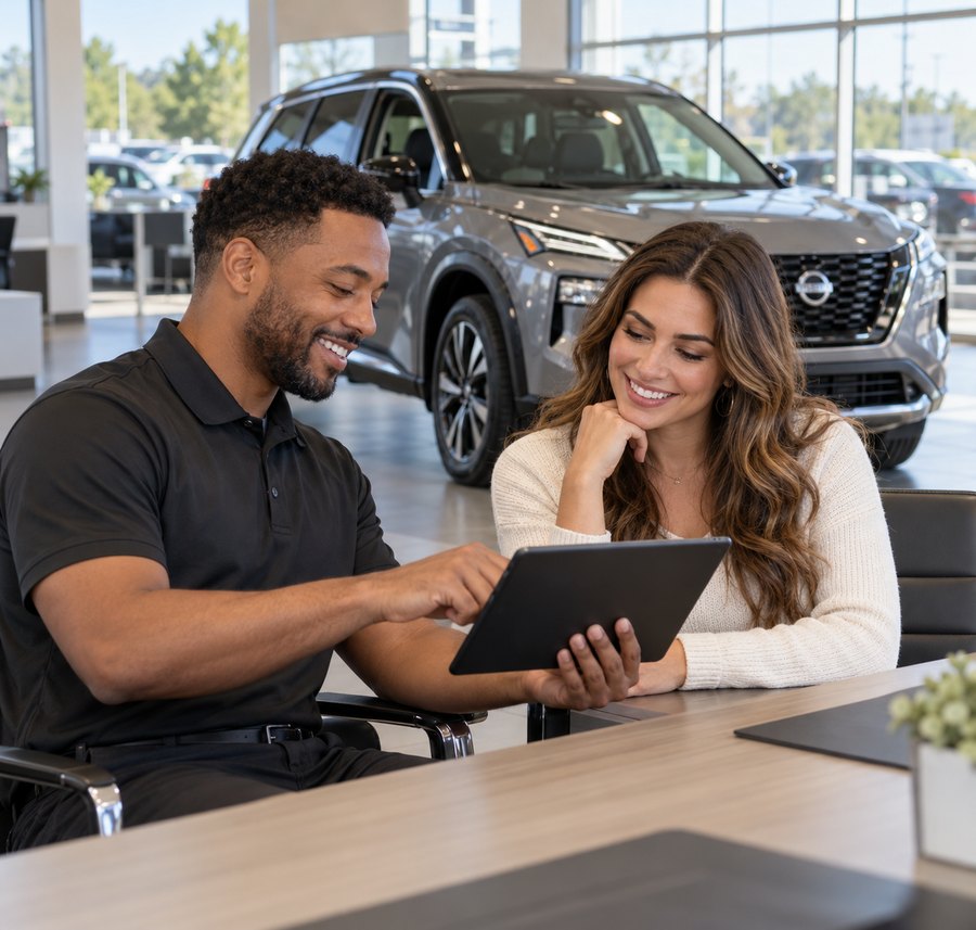 Nissan advisor and customer reviewing a tablet in the showroom