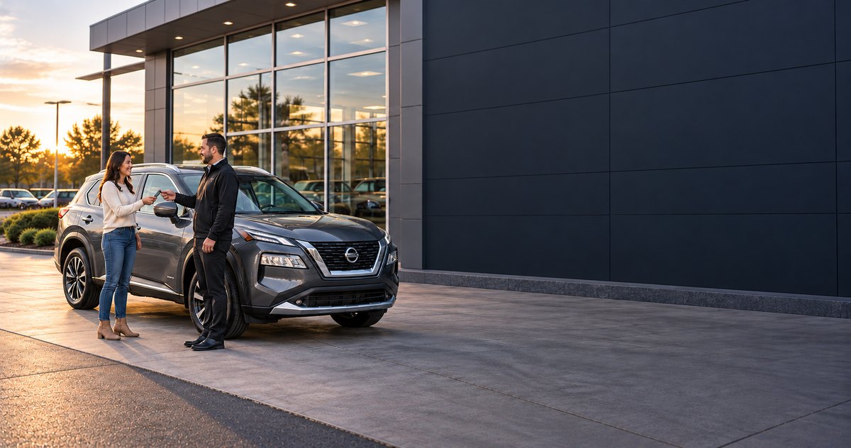 Customer receiving keys beside a graphite-gray Nissan SUV
