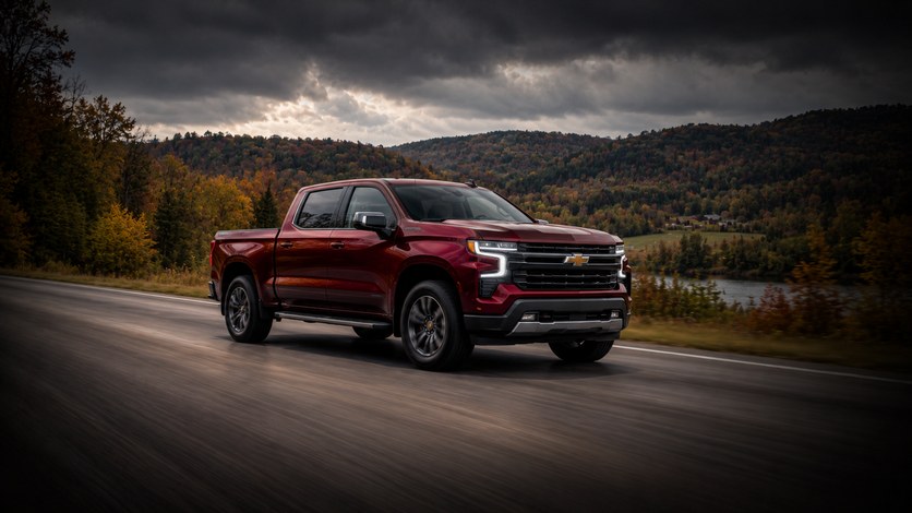 Concept image of a red Chevrolet Silverado 1500 on a Pennsylvania road